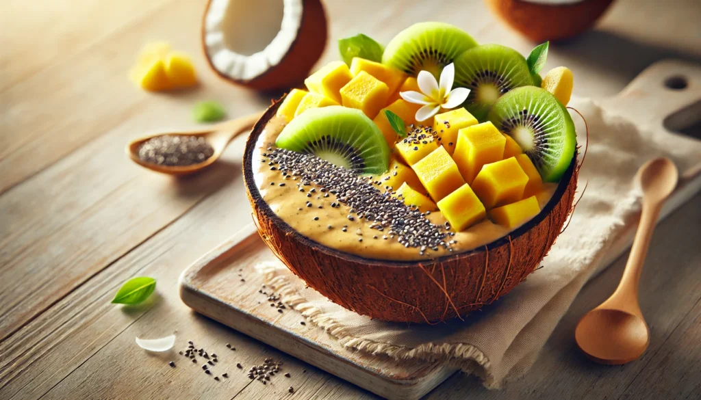 A detox smoothie bowl made with blended tropical fruits like mango, pineapple, and banana, topped with kiwi slices, chia seeds, and coconut flakes. The smoothie has a rich, creamy texture and is served in a coconut shell on a light wooden surface.