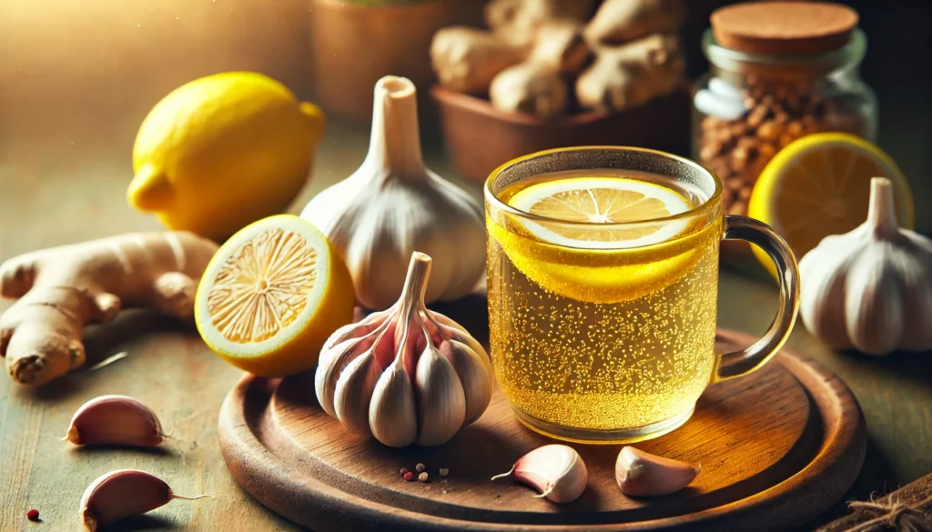 A warm, golden-hued garlic-infused drink in a glass cup, surrounded by fresh garlic cloves, lemon slices, and ginger on a wooden cutting board with soft natural lighting.