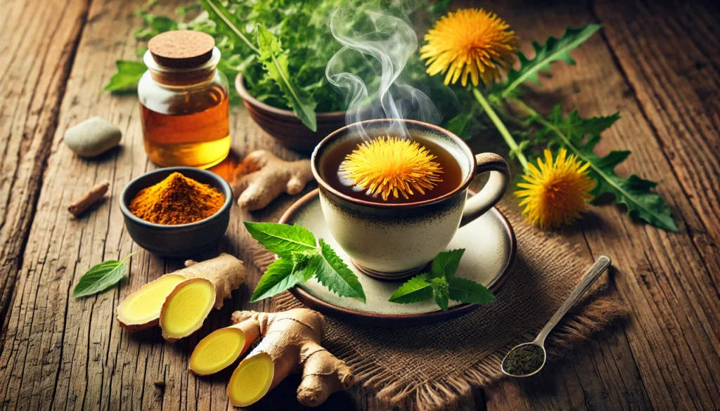 A cup of herbal detox tea with steam rising, surrounded by natural ingredients such as dandelion root, ginger, turmeric, and fresh mint leaves. The setting is warm and inviting, emphasizing natural cleansing and detoxification.