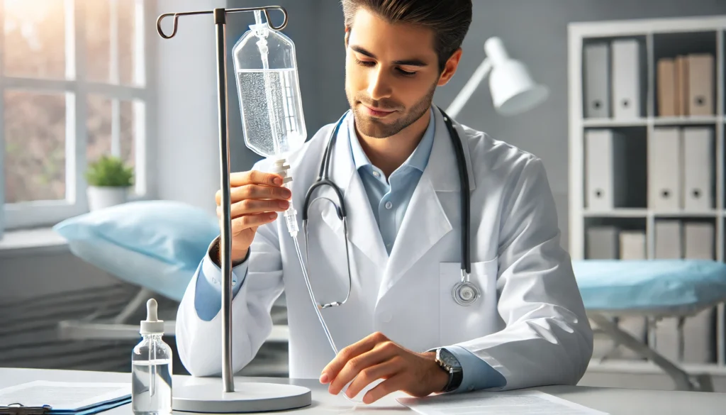 A doctor in a white coat preparing a chelation therapy treatment for a patient. The doctor is carefully handling an IV drip filled with a detoxifying solution. The setting is a bright medical office with soft lighting, emphasizing a professional and clean healthcare environment.