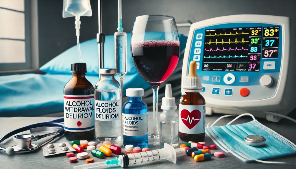 A close-up of essential medical supplies used in alcohol withdrawal delirium treatment, including IV fluids, medications, and vital sign monitors.