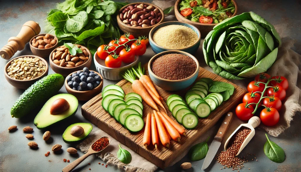 A farm-to-table spread featuring fresh, organic non-processed foods such as leafy greens, tomatoes, avocados, berries, nuts, and whole grains. A wooden cutting board holds sliced cucumbers and carrots, with a bowl of quinoa and legumes in a rustic kitchen setting.