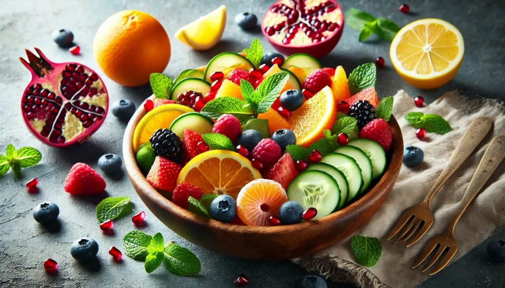 A fresh fruit detox salad served in a large wooden bowl, featuring a mix of citrus slices, berries, pomegranate seeds, and thinly sliced cucumber, lightly dressed with lemon juice and garnished with mint leaves.