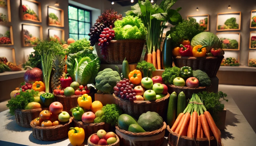 A market-style display of fresh fruits and vegetables in woven baskets, including leafy greens, bell peppers, grapes, apples, carrots, and zucchini, arranged with a natural and organic feel under bright lighting.