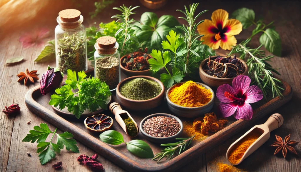 A collection of fresh and dried herbs beneficial for circulation and vascular health, displayed on a wooden tray. The selection includes fresh parsley, rosemary, oregano, turmeric powder, dried hibiscus flowers, and a small dish of flaxseeds.