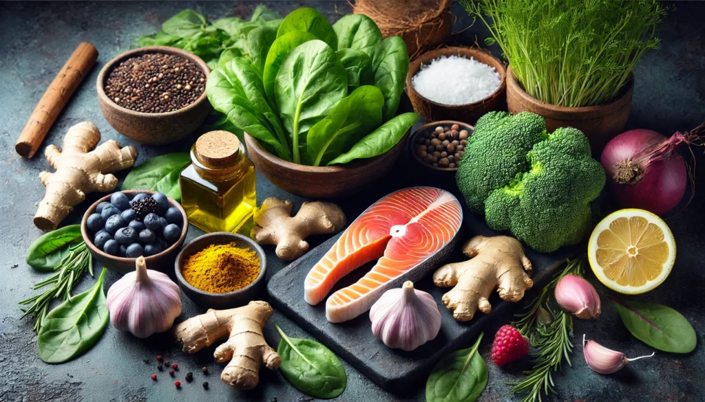 A fresh and natural display of mold-fighting foods on a dark stone countertop, including leafy greens, garlic, ginger, turmeric roots, coconut oil, wild-caught salmon fillet, and a bowl of mixed berries. Diffused lighting enhances the vibrant colors and textures.