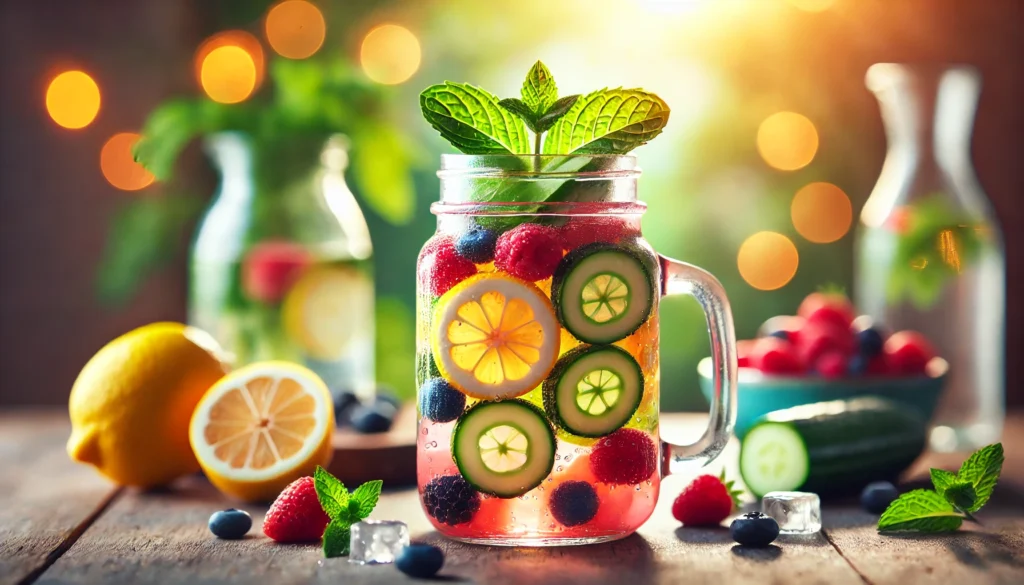 A vibrant fruity detox water with fresh lemon, cucumber, and berry slices infused in a clear glass jar. The water is filled with ice and garnished with mint leaves, creating a refreshing and cleansing aesthetic under soft natural lighting.