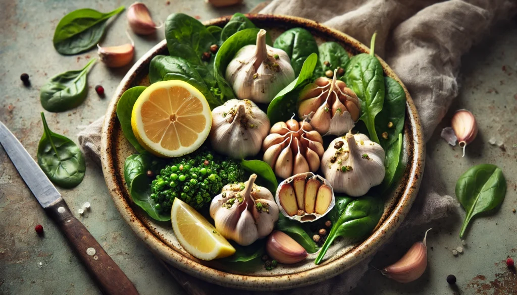 A beautifully plated detox meal featuring roasted garlic cloves, fresh greens, and lemon wedges, served on a ceramic dish with rustic, natural lighting.