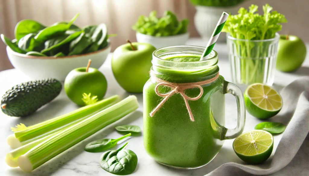 A thick and creamy green gut detox smoothie in a glass jar with a straw, placed on a marble countertop. Fresh ingredients like spinach, celery, green apple, and lime surround the jar, emphasizing the natural and healthy theme. The background is softly blurred with natural kitchen lighting.