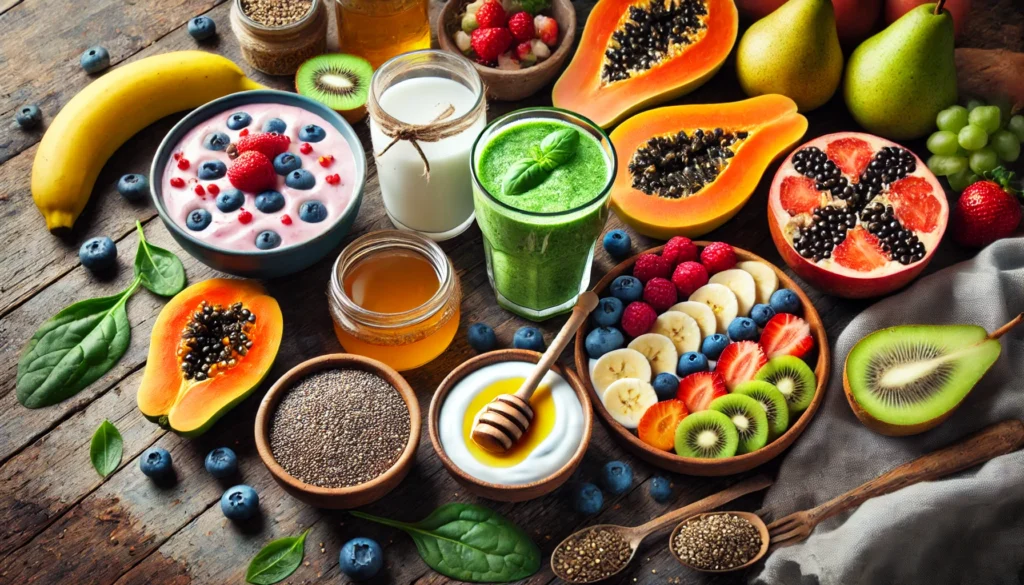 A rustic wooden table displaying a glass of kefir, a bowl of Greek yogurt with honey and berries, and a green smoothie made from spinach, banana, and chia seeds. Fresh fruits like papaya, kiwi, and pears are scattered around.