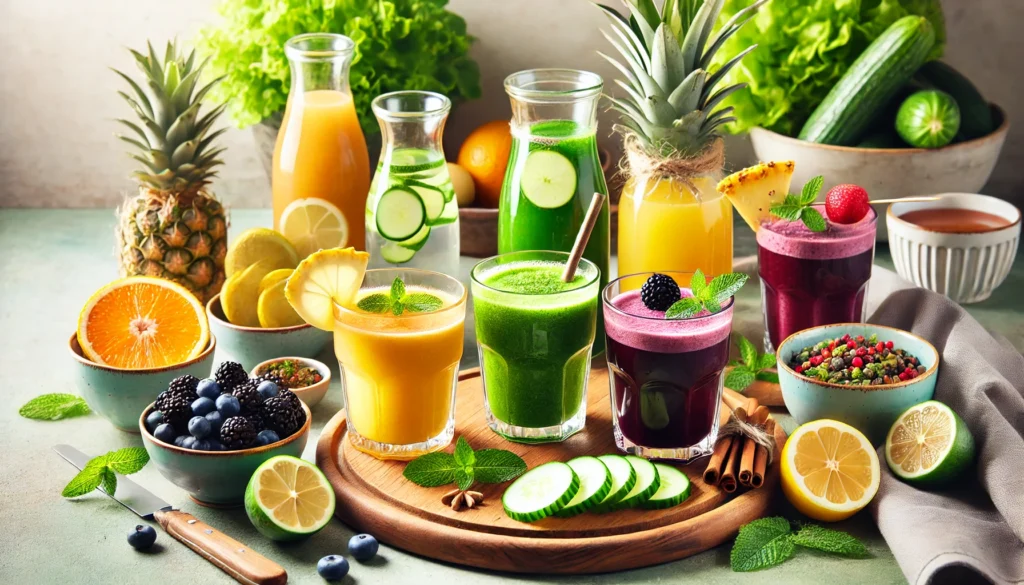 A beautifully arranged breakfast table featuring weight-loss juices in glass cups, including citrus-infused water, a green smoothie, pineapple-ginger juice, and berry detox juice. A bowl of fresh fruit, lemon slices, and a wooden cutting board with cucumber and mint leaves complete the scene.