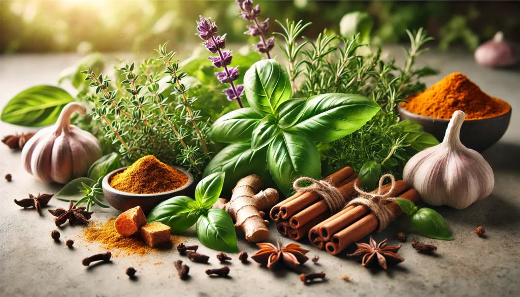 A close-up view of heart-healthy herbs and spices that support clean blood vessels, including fresh basil, thyme, cinnamon sticks, turmeric root, and cloves. Soft natural lighting enhances the textures and colors of the herbs against a neutral-toned background.