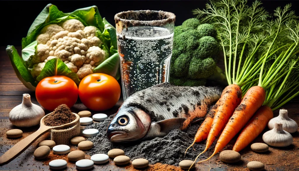 A close-up of contaminated food and water, including fish with metallic residues, polluted water with visible particles, and vegetables grown in toxic soil. The image highlights the risk of heavy metal exposure through consumption.