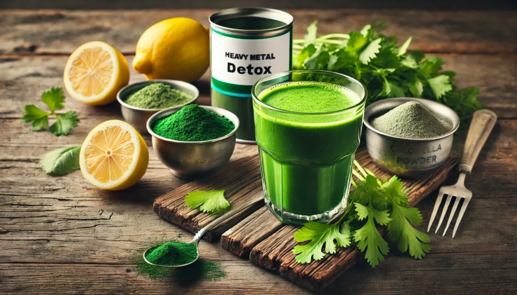 A vibrant green detox smoothie in a glass, surrounded by key heavy metal detox ingredients such as chlorella, spirulina, fresh cilantro, and lemon. The composition is set on a rustic wooden table, emphasizing a natural and healthy lifestyle.