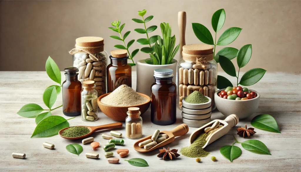 A variety of natural detox supplements for heavy metal removal, including capsules, powder-filled scoops, and herbal extracts. The supplements are displayed in an organized manner on a clean wooden surface with green leaves and a neutral background.