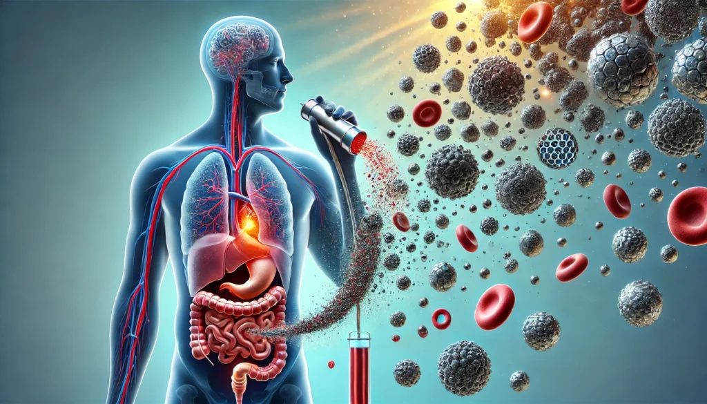 A medical illustration of heavy metal detoxification in the human body. The image conceptually depicts microscopic metal particles being removed from the bloodstream by chelating agents. A glowing, clean bloodstream contrasts with dark, toxic metal particles being flushed away, set against a soft medical blue background.