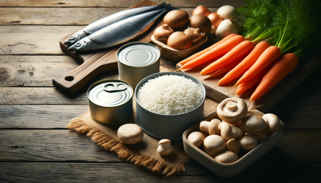 A visually arranged selection of foods high in heavy metals, including canned tuna and sardines, a bowl of white rice, fresh mushrooms, and root vegetables such as carrots and sweet potatoes, displayed on a rustic wooden table under soft natural lighting.