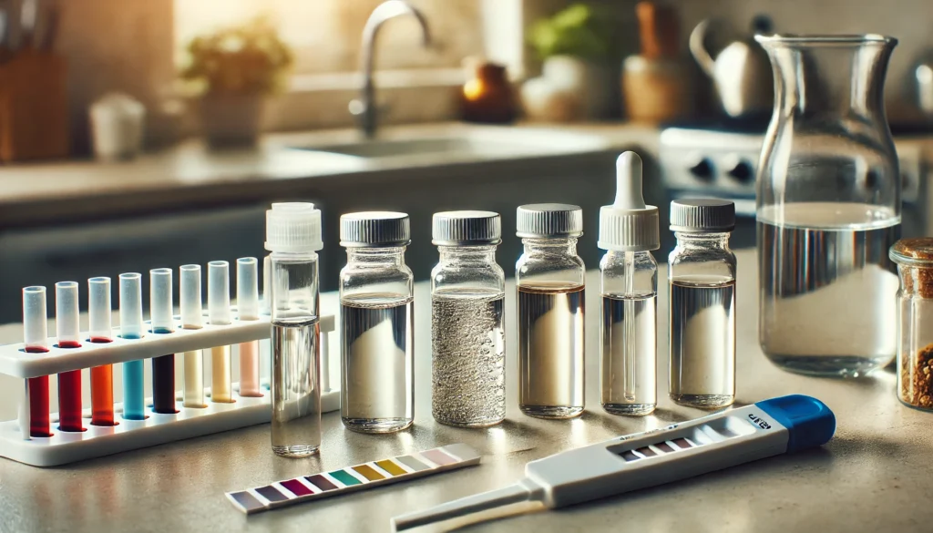 A heavy metal test kit for home use, arranged on a kitchen counter. Small vials contain liquid samples, with one showing a distinct color change. A pipette and a test strip are placed beside the vials, indicating an at-home water testing process.