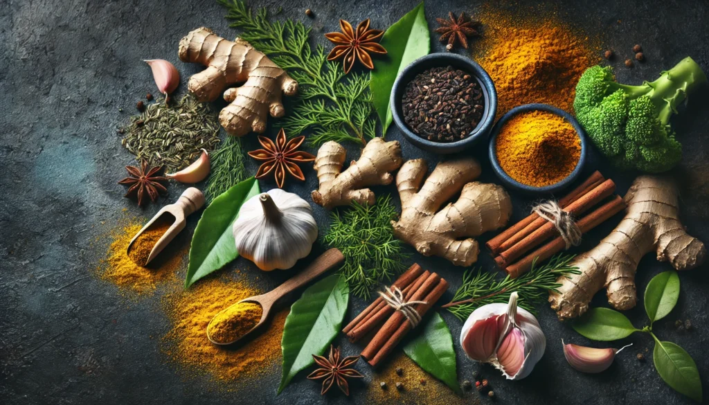 An artistic arrangement of herbs and spices that promote clean blood vessels, displayed on a dark stone surface. The selection includes fresh ginger, garlic, cinnamon sticks, star anise, green tea leaves, and turmeric powder, creating a visually appealing health-focused composition.