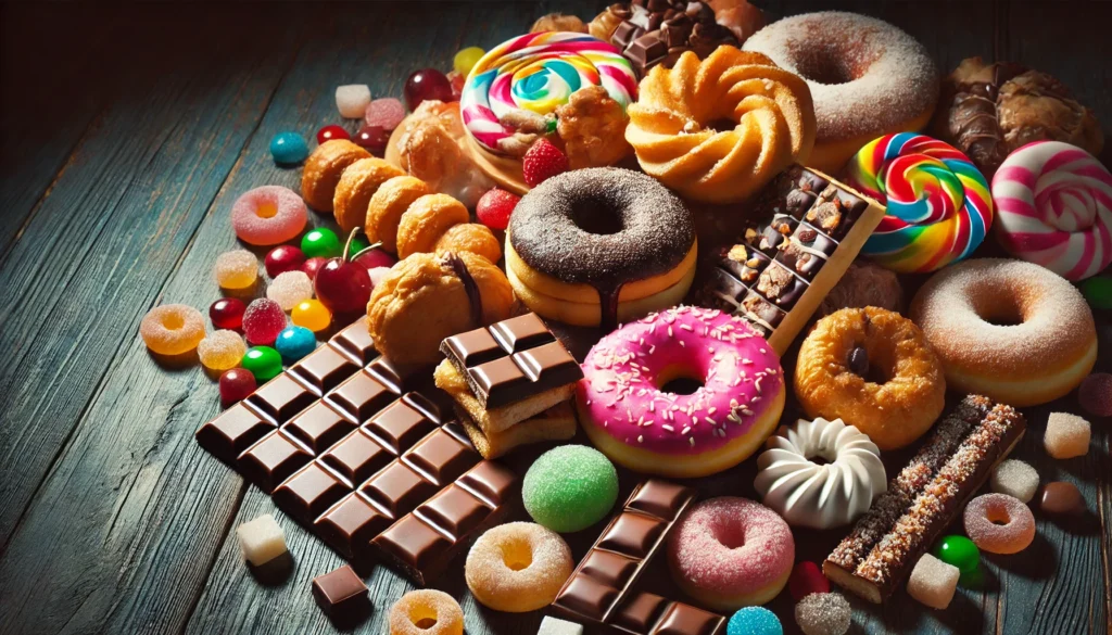 A collection of sugary foods, including colorful donuts, pastries, chocolate bars, and candy, arranged on a dark wooden surface, with soft lighting highlighting their glossy textures.