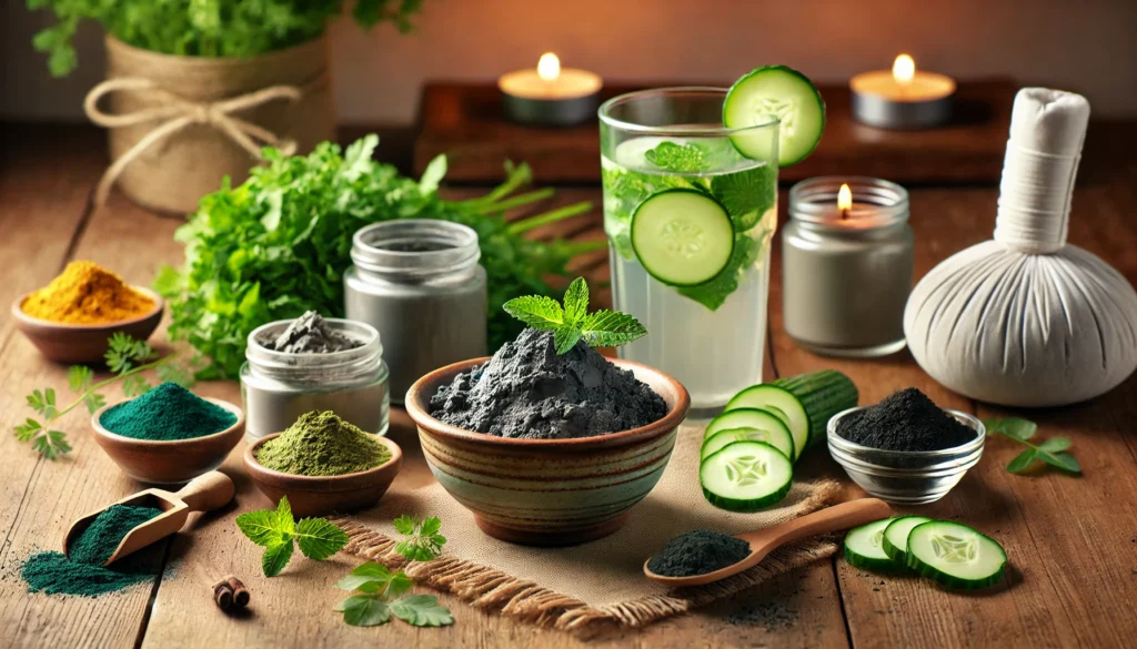 A serene spa setting featuring a ceramic bowl with a detoxifying clay mask, alongside natural detox ingredients like bentonite clay, spirulina, coriander leaves, and activated charcoal. A glass of detox water with cucumber and mint adds to the peaceful cleansing ambiance, with soft candlelight and greenery in the background.