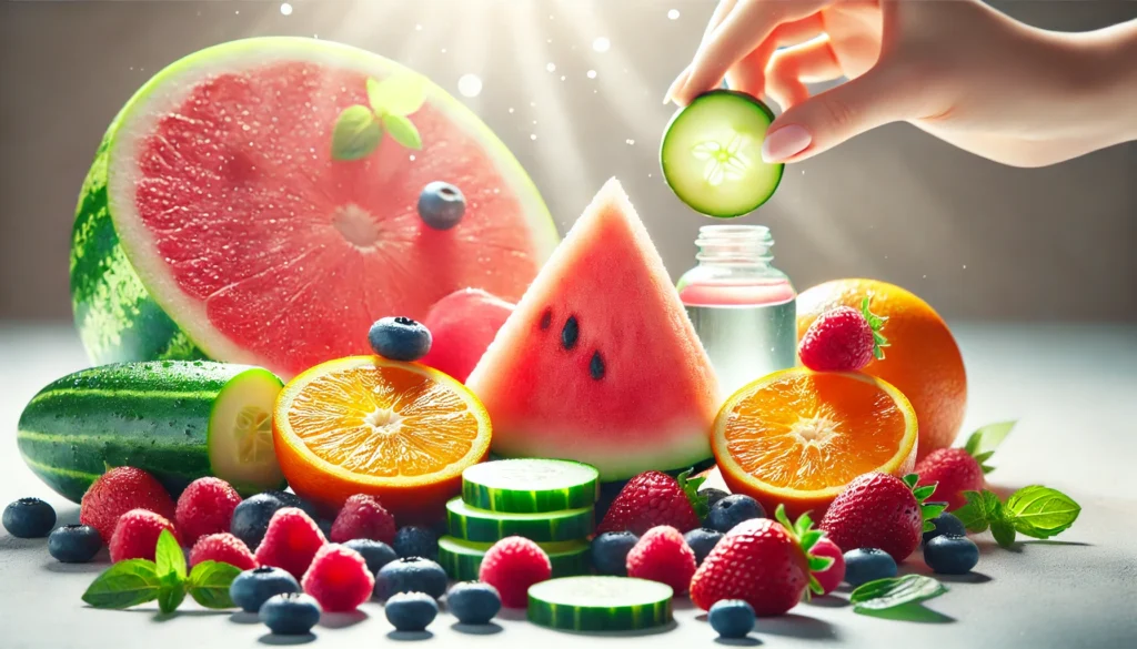 A close-up of hydrating fruits for clear skin, including watermelon, cucumber slices, oranges, and berries. The fruits are fresh and juicy, with soft natural lighting highlighting their textures and colors against a softly blurred background.