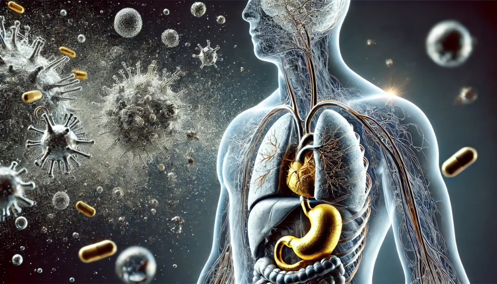 A conceptual medical illustration depicting the effects of heavy metal poisoning on the human body. The image features a transparent human silhouette with metallic particles affecting the organs and bloodstream, with subtle highlights on the nervous system and key organs to indicate toxicity. The scene has a clean, scientific aesthetic.