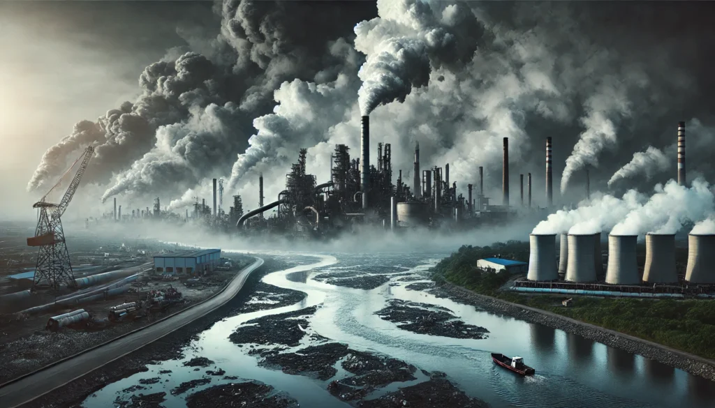 A polluted industrial landscape with factories emitting smoke into the air and wastewater discharging into a river. The scene highlights the environmental sources of heavy metal contamination and its impact on health.