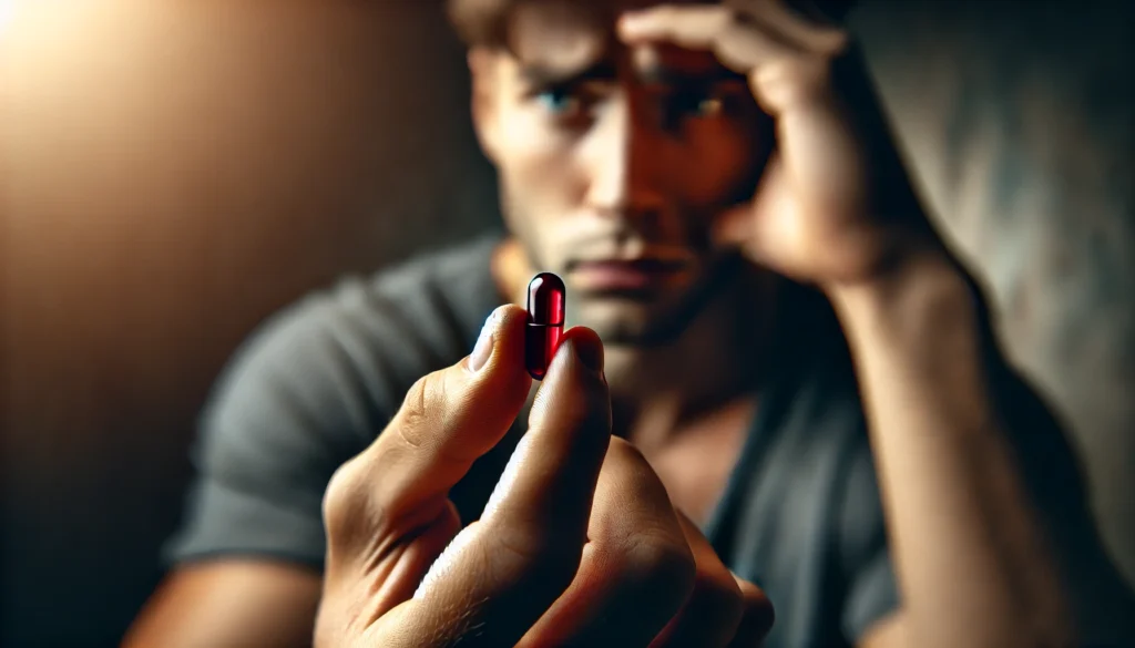 A close-up of a person's hand holding a red iron supplement pill, with a concerned expression in the background. The lighting is moody, highlighting the intensity of iron intake. The softly blurred background emphasizes the potential effects of excess iron on energy levels.