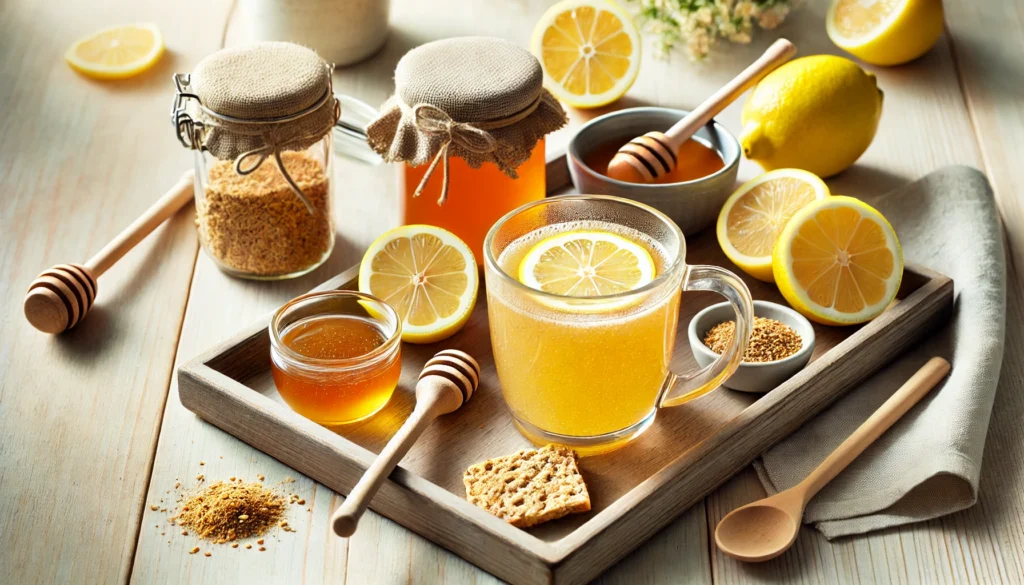 A beautifully arranged breakfast scene featuring a lemon cayenne cleanse drink in a glass mug, accompanied by a wooden tray holding fresh lemon halves, a small dish of cayenne pepper, a honey jar, and a spoon. The setup is placed on a light wooden table with soft natural lighting.