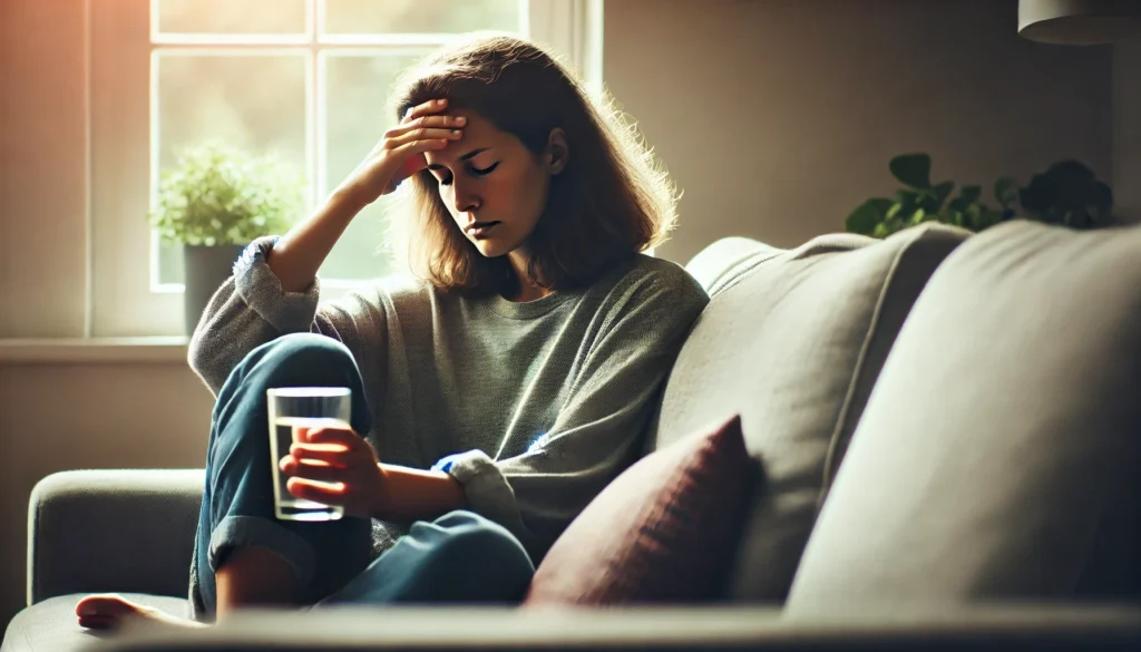 A tired woman sitting on a couch, struggling to stay awake. She has a drained expression, rubbing her forehead with one hand while holding a glass of water in the other. The room is softly lit with natural light, creating a calm but low-energy atmosphere.