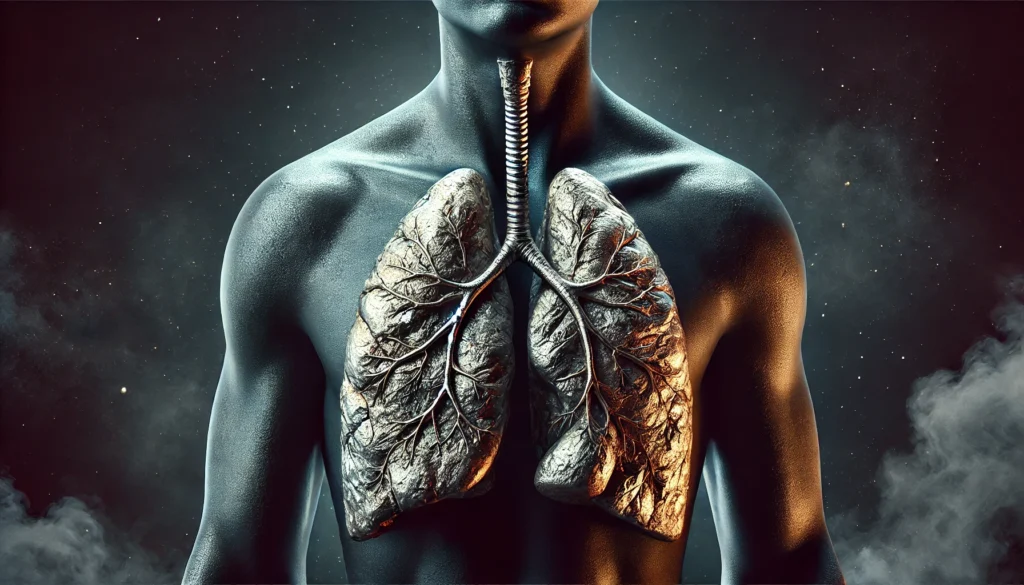 A conceptual image of human lungs with a metallic sheen, symbolizing cadmium accumulation. The lung tissue appears darkened and damaged, representing toxicity from inhalation. The deep, moody background emphasizes the risks of air pollution and smoking-related heavy metal exposure.