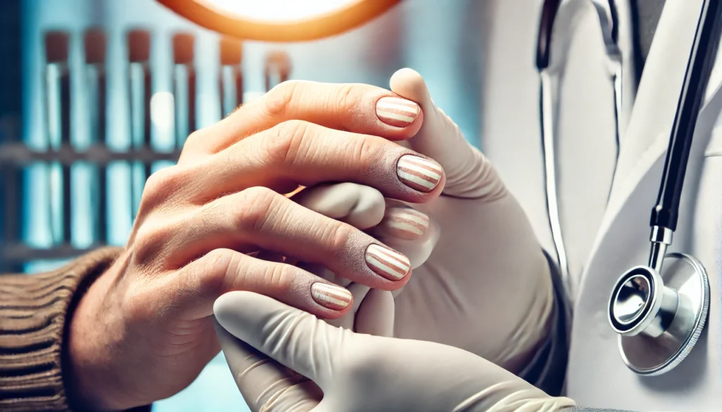 A doctor examining a patient's fingernails for signs of arsenic poisoning. The patient's nails show white horizontal stripes (Mees' lines) and appear slightly brittle. The doctor's gloved hands gently hold the patient's fingers under bright clinical lighting, with a blurred medical examination room in the background.