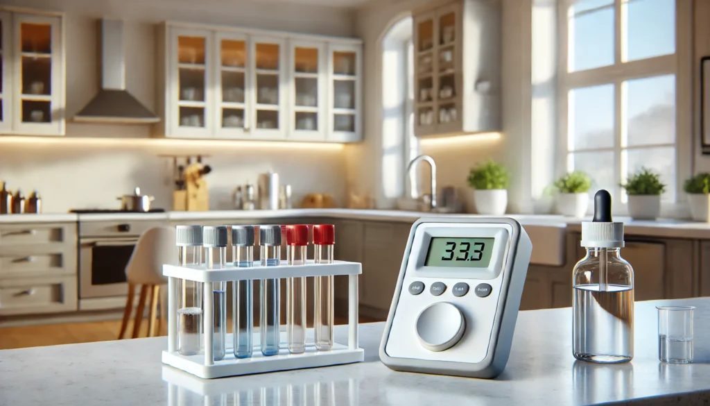 A scientific heavy metal testing kit displayed on a clean kitchen counter, featuring test tubes, a digital meter, and sample vials. The background subtly showcases a home environment, emphasizing a user-friendly testing setup.