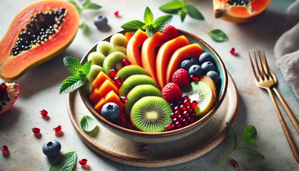 A beautifully arranged bowl filled with sliced papaya, kiwi, berries, and pomegranate seeds, garnished with a sprig of mint, placed on a neutral-toned background with soft lighting.