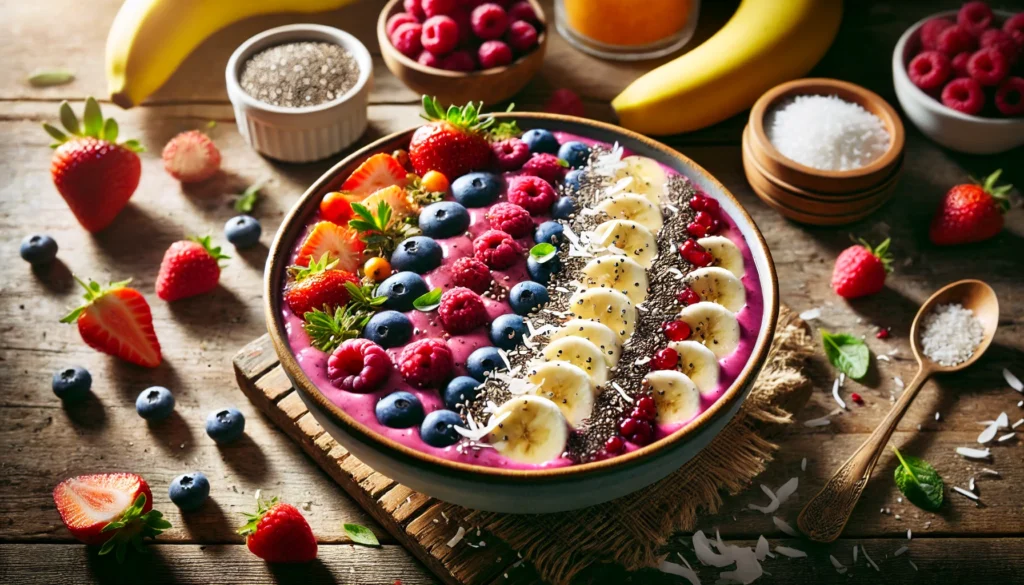 A colorful smoothie bowl made from blended fruits and vegetables, topped with fresh berries, sliced bananas, chia seeds, and shredded coconut, placed on a rustic wooden table with natural lighting.