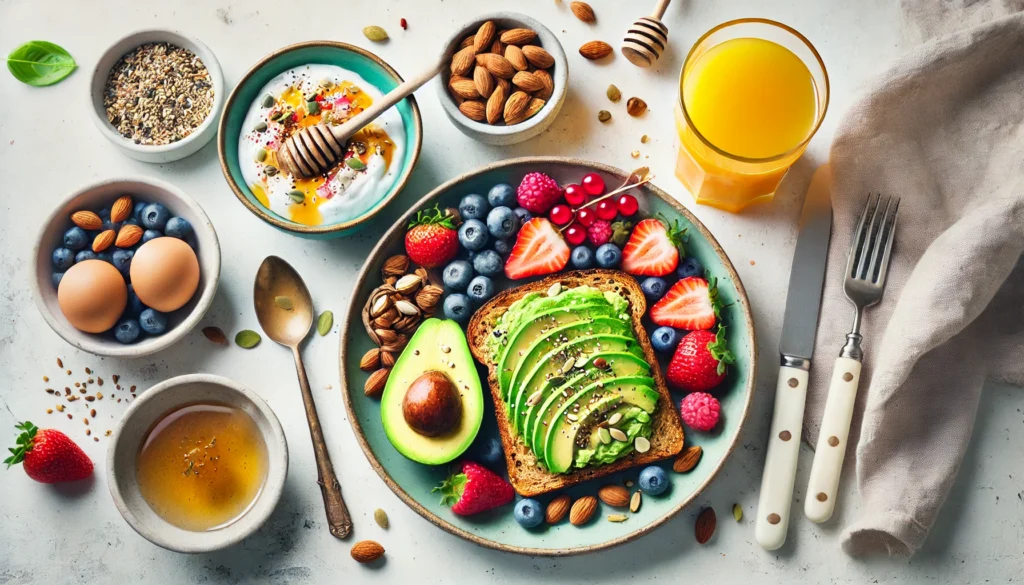 A colorful and nutritious breakfast plate featuring non-processed foods, including avocado toast on whole grain bread, fresh berries, nuts, and a bowl of Greek yogurt topped with honey and seeds. A glass of freshly squeezed orange juice completes the bright, minimalist table setting.