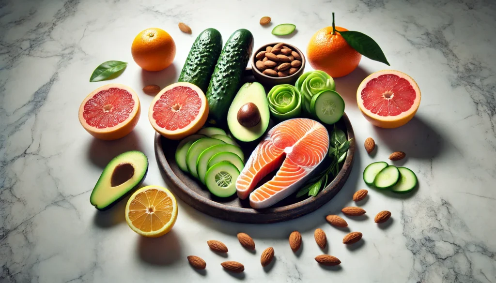 An elegant display of skin-enhancing foods, including salmon, avocado slices, cucumbers, almonds, and citrus fruits, laid out on a white marble surface with soft, diffused lighting.