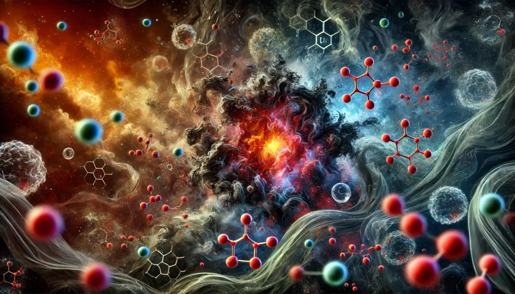 An artistic visualization of oxidative stress caused by free radicals, featuring chaotic dark energy damaging healthy cells. Vibrant antioxidant molecules contrast by neutralizing the effects, symbolizing the balance between cellular damage and repair.