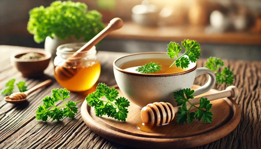 A cup of herbal tea infused with fresh parsley leaves, sitting on a rustic wooden table. Fresh parsley sprigs and a wooden honey dipper with a drizzle of honey surround the cup. Soft natural lighting highlights the soothing and cleansing qualities of the tea, with a blurred kitchen background.