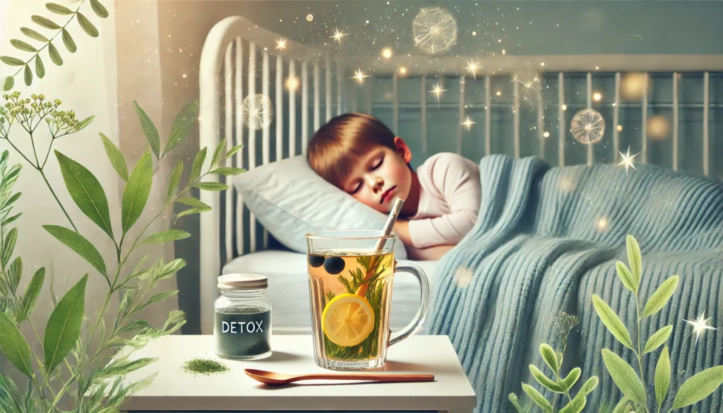 A serene image of a child sleeping soundly in a cozy bedroom with soft lighting. A glass of warm herbal detox tea infused with chamomile and lemon rests on the nightstand, symbolizing gentle nighttime detoxification and relaxation. The atmosphere is dreamy and calming.