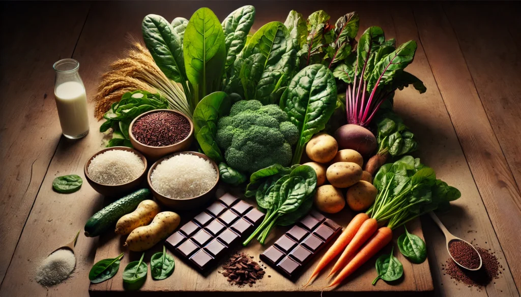 A visually striking display of plant-based foods that may have heavy metal contamination, including rice, leafy greens like spinach, root vegetables such as carrots and potatoes, and dark chocolate bars, arranged on a wooden table with natural lighting.