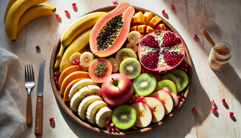 A top-down view of a gut-health fruit platter featuring sliced bananas, papaya, kiwi, apples, and pomegranate seeds, arranged on a round wooden tray with bright natural lighting.