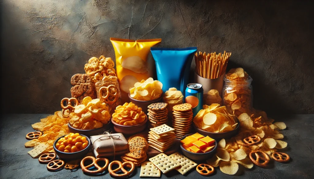 An overflowing display of processed snack foods, including potato chips, cheese puffs, pretzels, and packaged crackers, arranged on a dark, textured background to highlight their artificial nature.