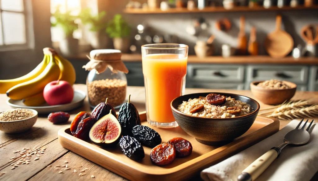 A glass of fresh prune juice alongside dried prunes, figs, and dates on a wooden tray. The background features a cozy kitchen with natural lighting and a bowl of fiber-rich oatmeal topped with flaxseeds and banana slices.