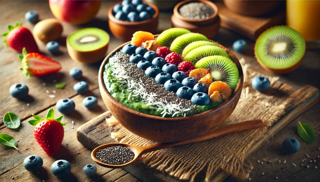 A detox smoothie bowl made from blended raw fruits and vegetables, topped with fresh blueberries, sliced kiwi, shredded coconut, and chia seeds. The bowl is placed on a rustic wooden table with a wooden spoon beside it. Natural lighting enhances the bright colors, with fresh ingredients scattered in the softly blurred background.