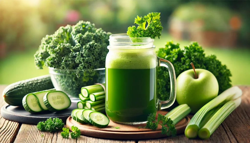 A glass jar of raw green detox juice made from fresh ingredients like kale, cucumber, celery, and green apple. The jar sits on a wooden table with whole and sliced ingredients arranged beside it. Soft natural lighting highlights the freshness and health benefits, with a blurred outdoor garden in the background.