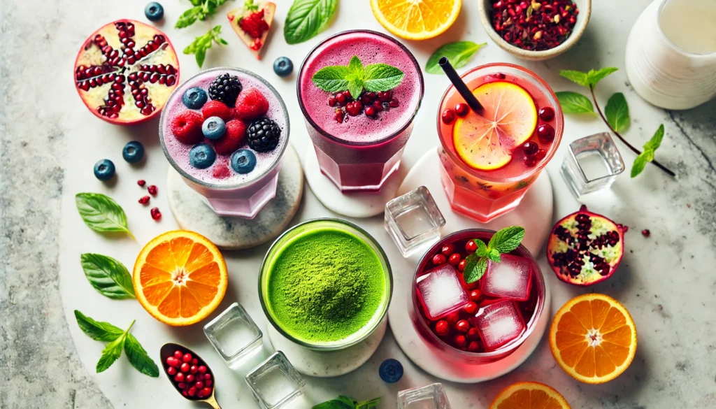 A top-down view of vibrant antioxidant drinks served in elegant glass tumblers, including berry smoothie, green matcha latte, red hibiscus tea, and citrus-infused water. Surrounded by fresh fruits, mint leaves, and ice cubes on a clean, white marble surface.