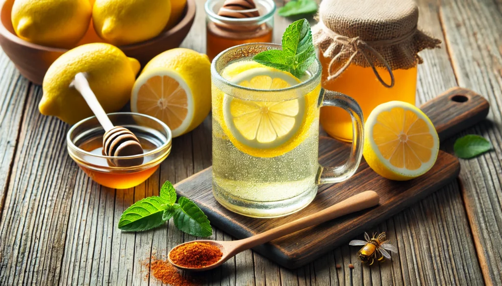 A close-up of a transparent glass mug filled with lemon cayenne detox drink, garnished with a lemon slice. Surrounding the glass are fresh lemons, a wooden spoon with cayenne pepper, a jar of honey, and a bowl of warm water, all placed on a rustic wooden countertop.