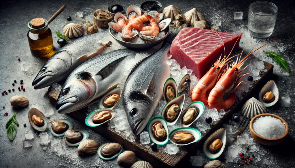 A detailed image of seafood that may contain high levels of heavy metals, featuring raw shellfish such as shrimp and mussels, along with large fish like tuna and swordfish, arranged on a bed of crushed ice against a dark, rustic kitchen backdrop.